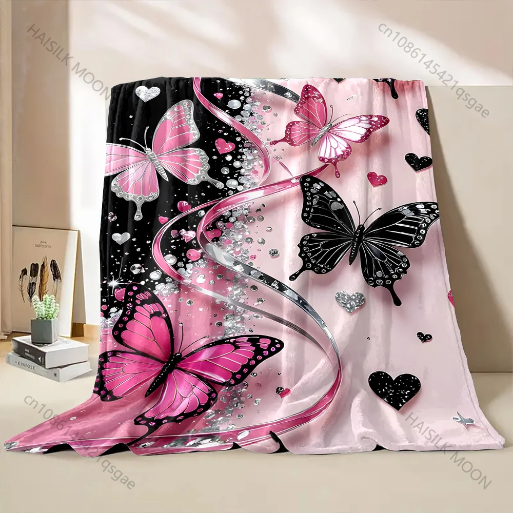 

Плед с принтом розовых и черных бабочек и сердечек, 1 шт., теплый, мягкий, пушистый, для детей и взрослых, для дивана, кровати, дома и путешествий