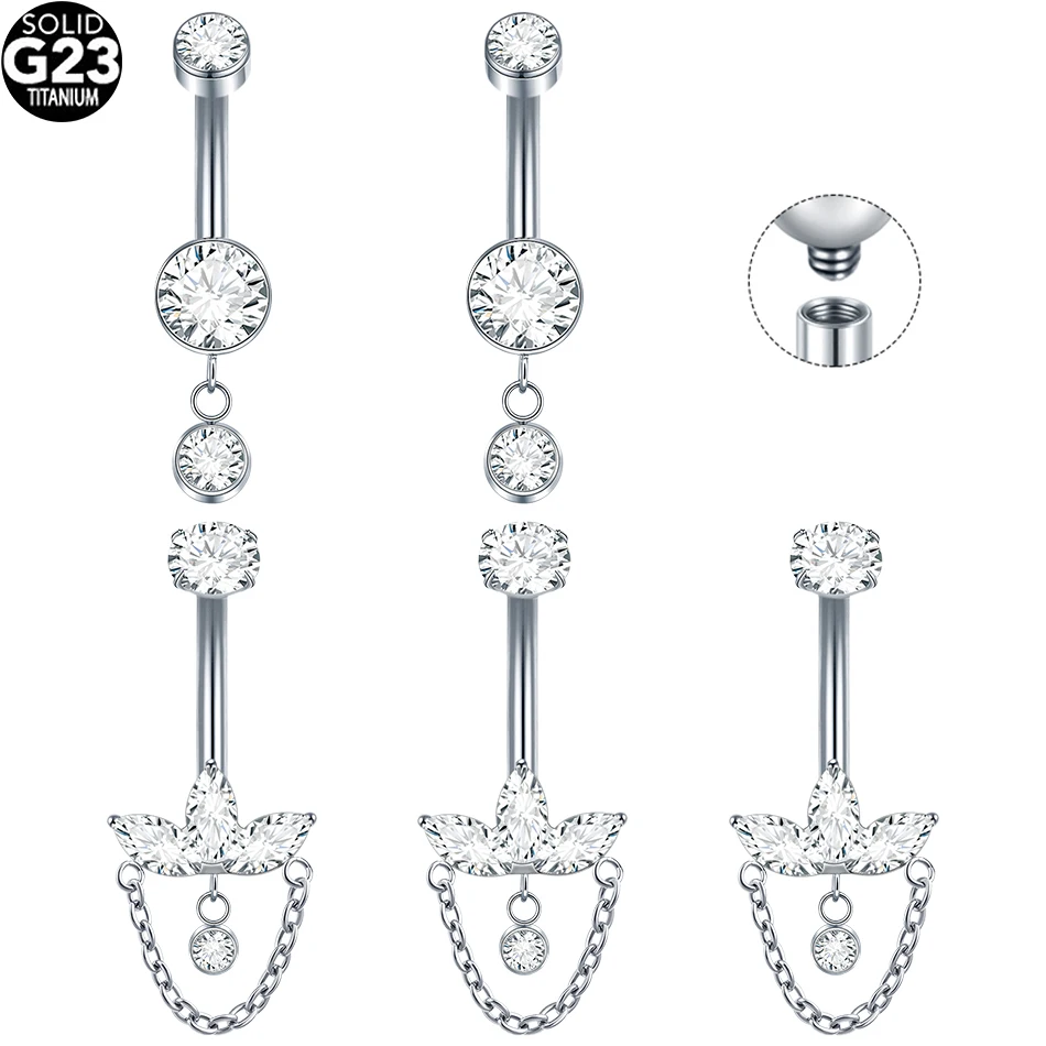 1/5PCS Titanium 14G Dangle CZ Gems Belly Button Ring Cubic Zirconia Drop Pendant Chain Navel Nail Helix Stud Piercings Jewelry