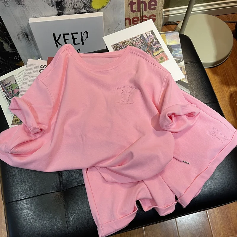 

Summer New Fashion Sportswear Set Women's Short Sleeve T-Shirt And Wide Leg Shorts Casual Two-Piece Set with Embroidered Bear