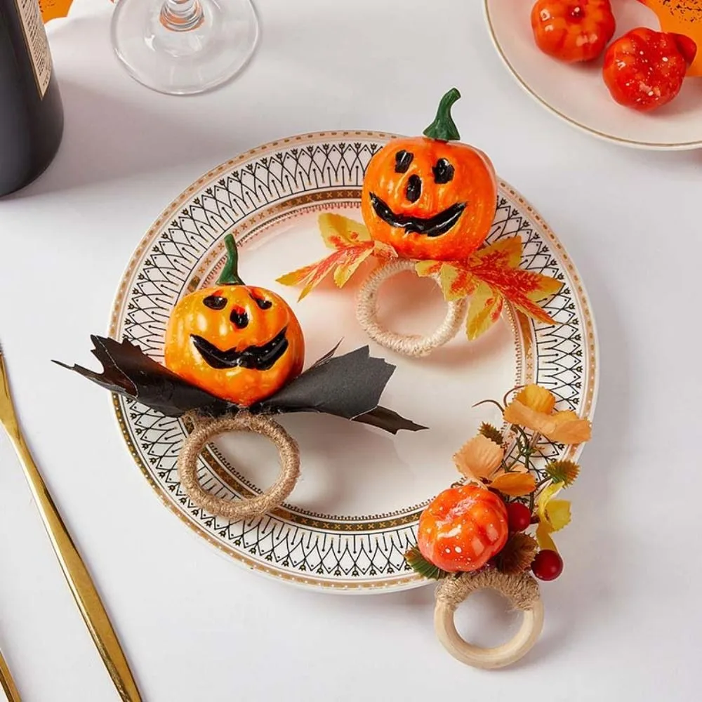 6pcs Hemp Rope Wrapped Halloween Pumpkin Napkin Rings with Artificial Maple Simulation Napkin Holder Durable Plastic