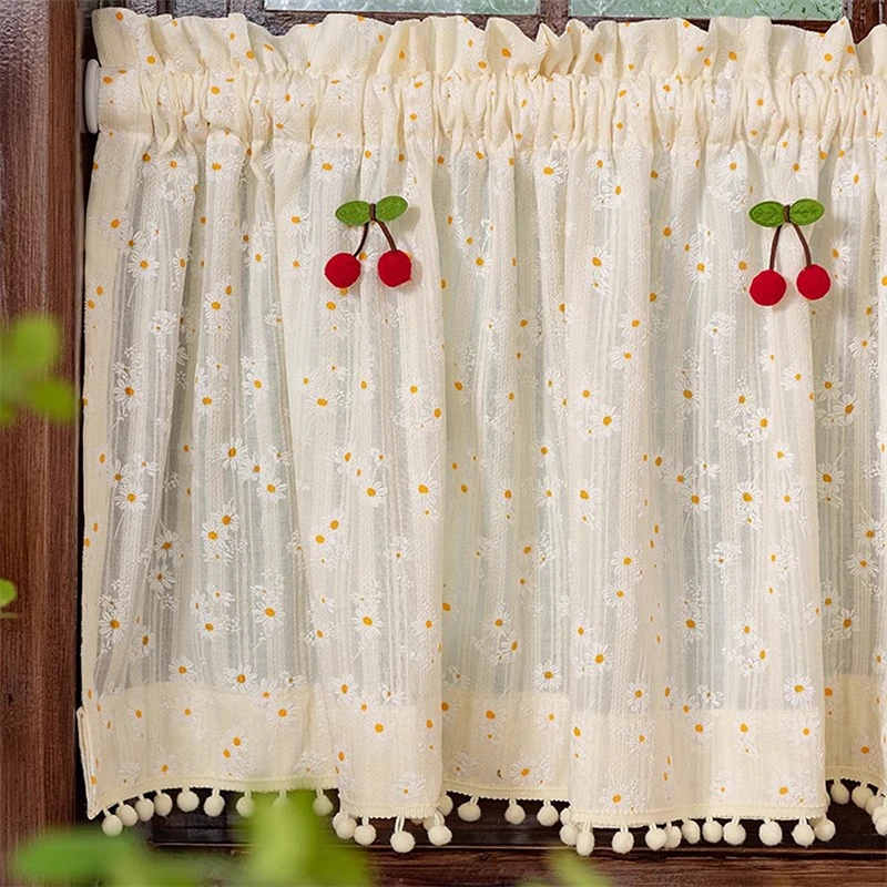 Nordic Beige Cotton Linen Lace Daisy Fabric Bedroom Bay Window Short Curtains For kitchen Cabinet Drapes Door Decor Curtains