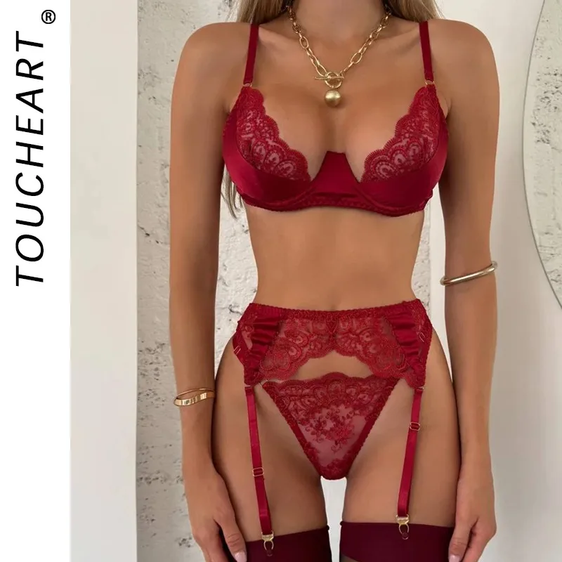 

Toucheart Lace Embroidery Sexy Underwear Patchwork Set Slim See-through Hollow Out Backless Plunge Solid Color Interesting Set