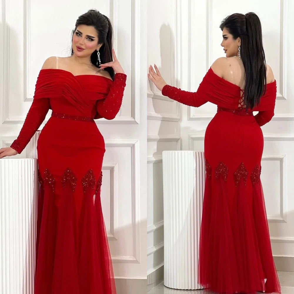 

Customized Jersey Sequined Pleat Off-the-shoulder Long Dresses Bespoke Occasion Engagement Women's Evening Party Gown Charming