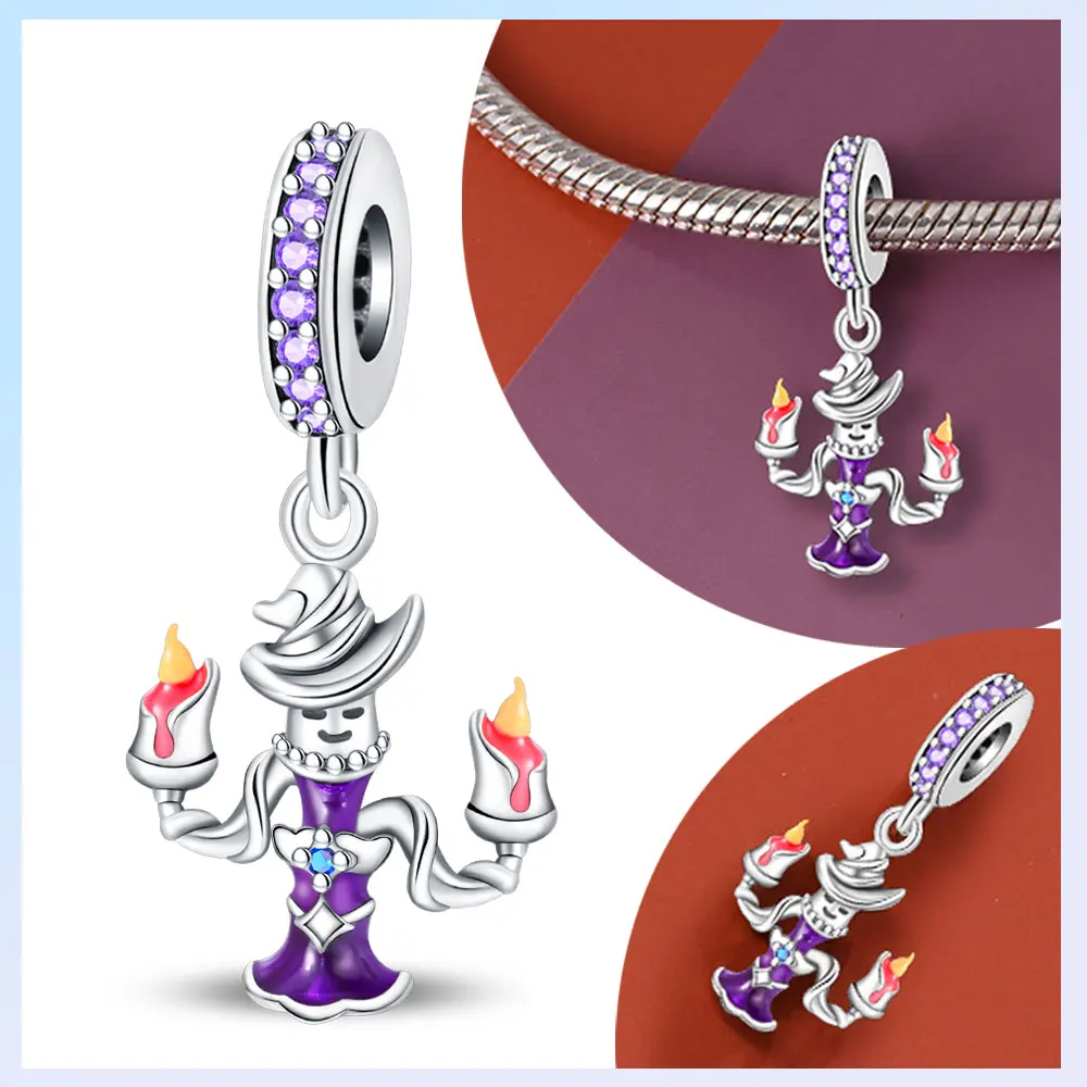 925er Silber vergoldet, Original-Charms, Halloween-Serie, Kerzenlicht, magischer Hut, magische Katze, Perlen, passend für Armbänder, Damenschmuck, Geschenk