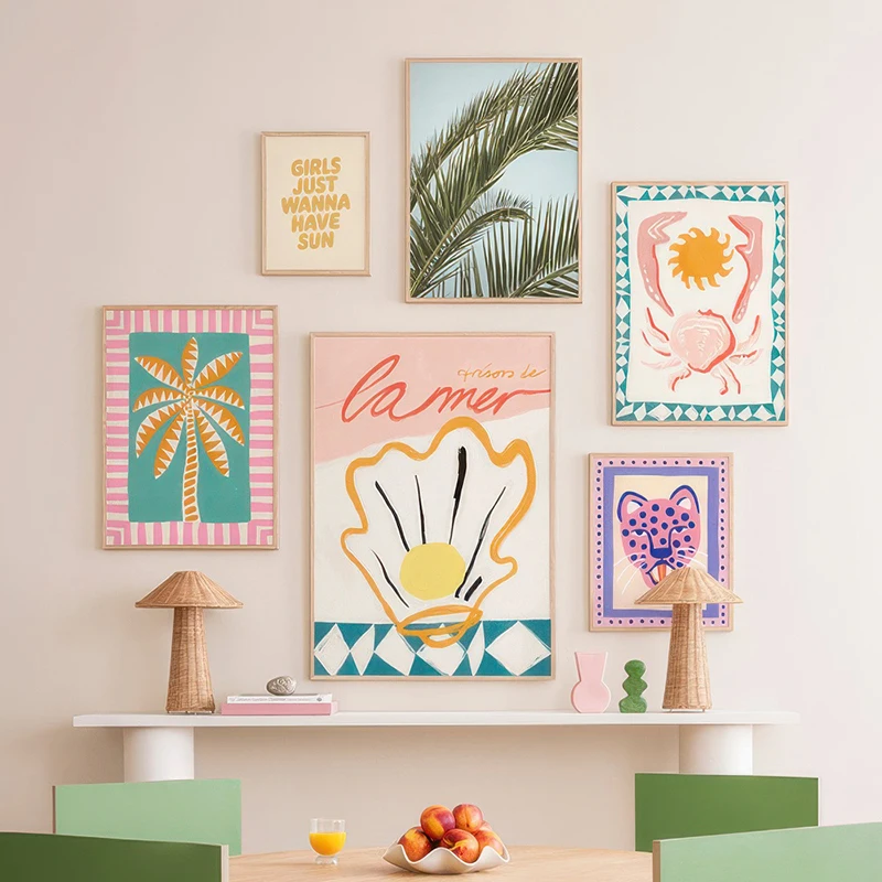 Pink Cheetah Sun Crab Tresors De La Mer Tropical Palm Leaves Decorative Print Wall Picture Art Poster Canvas Painting LivingRoom