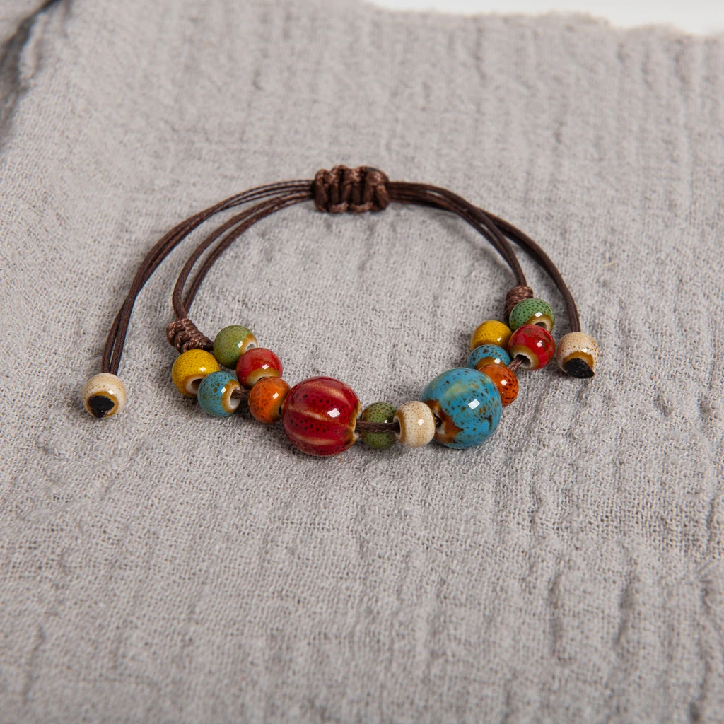 Multicolor Ceramic Gourd Bead Handmade Bracelet Adjustable Ethnic Retro Boho Rope Jewelry for Women S03-123