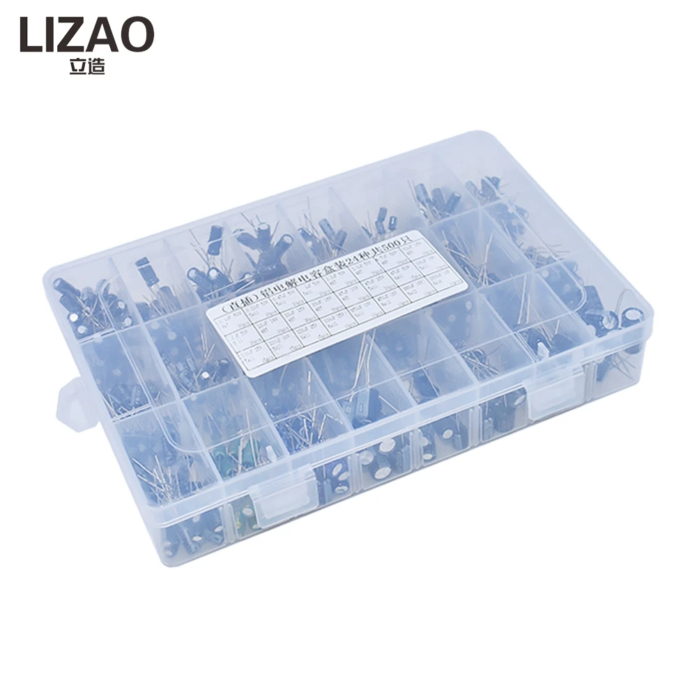 500Pcs 24-Value Aluminum Electrolytic Capacitor Kit, 0.1uF-1000uF 16-50V Assorted Set with Storage Box for Electronic Projects