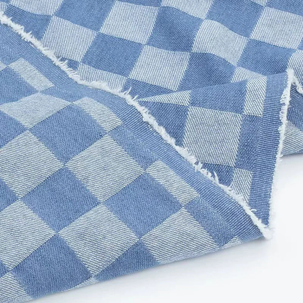 Jacquard Denim Fabric Checkerboard Pattern Cotton Twill Heavy Duty Stretch Material For Sewing Jeans Jacket Bags DIY Craft