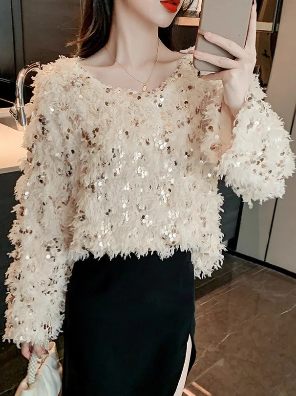 Luźny sweter damski, warstwa bazowa, top z cekinami, luźny krój, jesień-zima, gruby, wygodny, modny.