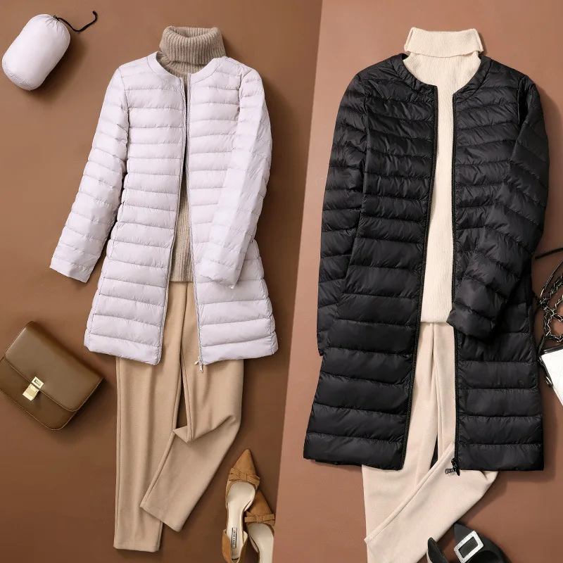 Lightweight Portable White Duck Down Puffer Jacket Women Mid Long Winter Round Neck Winter Down Coat Woman Outerwear JK-498