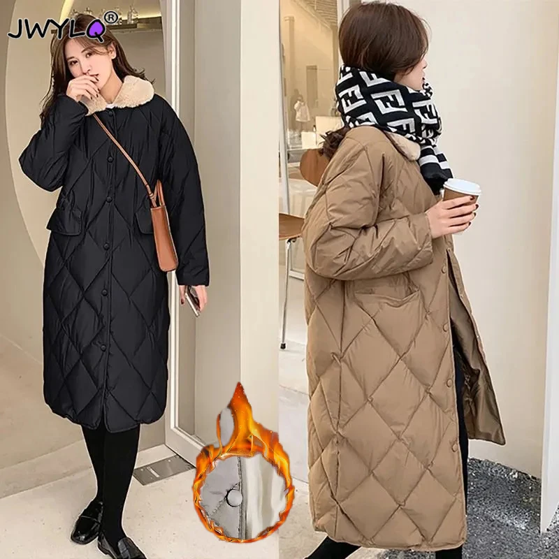 2023 Winter Lapel Long Down Coats Fleece Jacket Womans Korean Solid Color Loose Cardigan Casual Warm Thick Coats Women Clothing