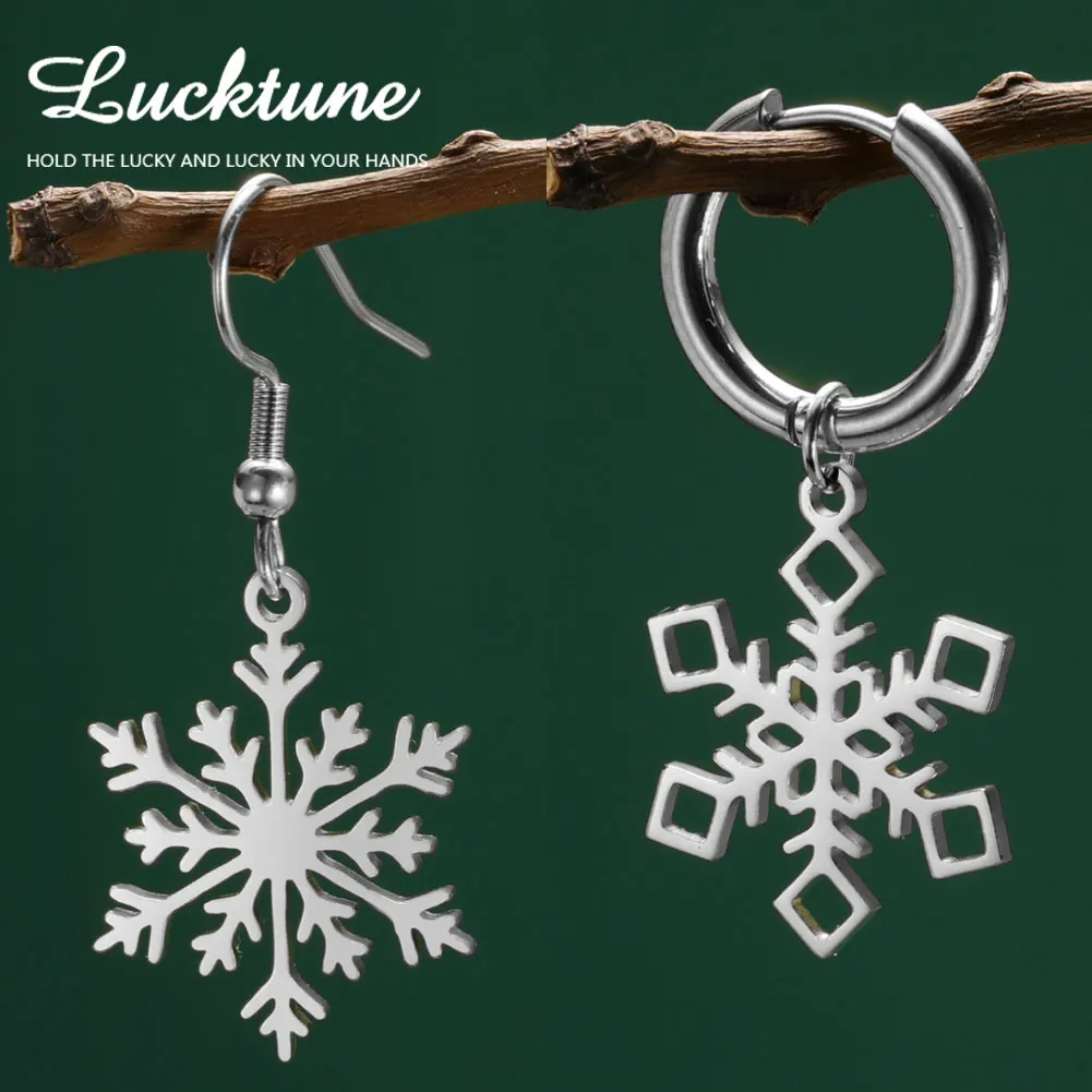 Lucktune Christmas Snowflakes Earrings Stainless Steel Snow Flower Hoop Earrings for Women Girl Fashion Daily Ear Jewelry Gifts