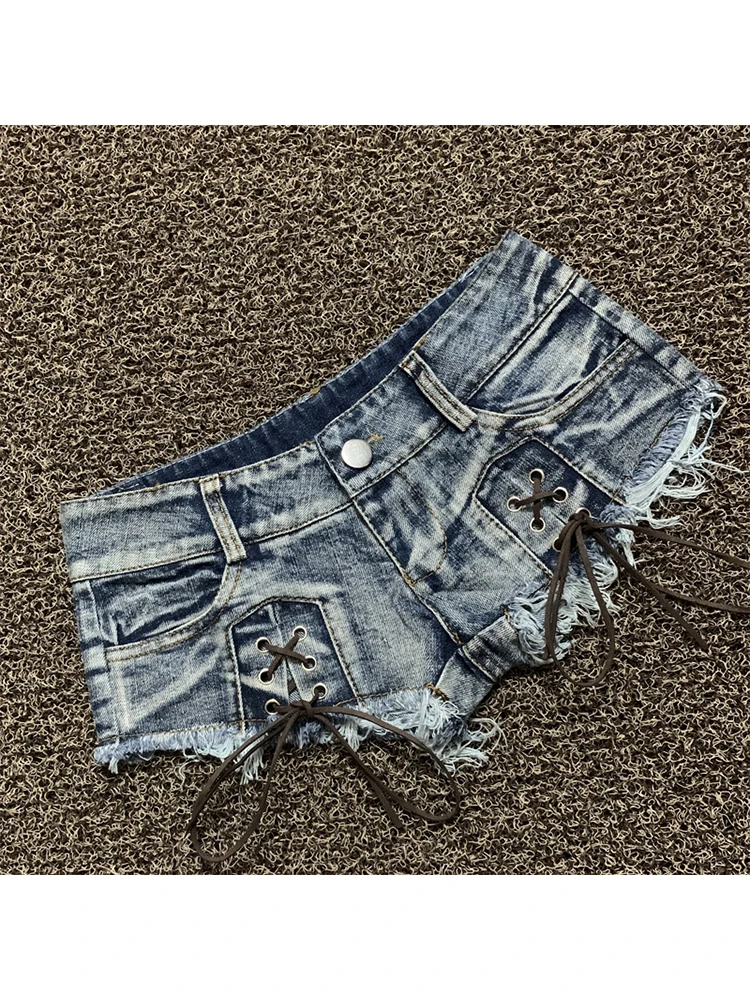 Damskie jasnoniebieskie spodenki jeansowe Y2k sznurowane krótkie spodnie Harajuku Vintage spodenki z niskim stanem dżinsy 2000s modne ubrania lato