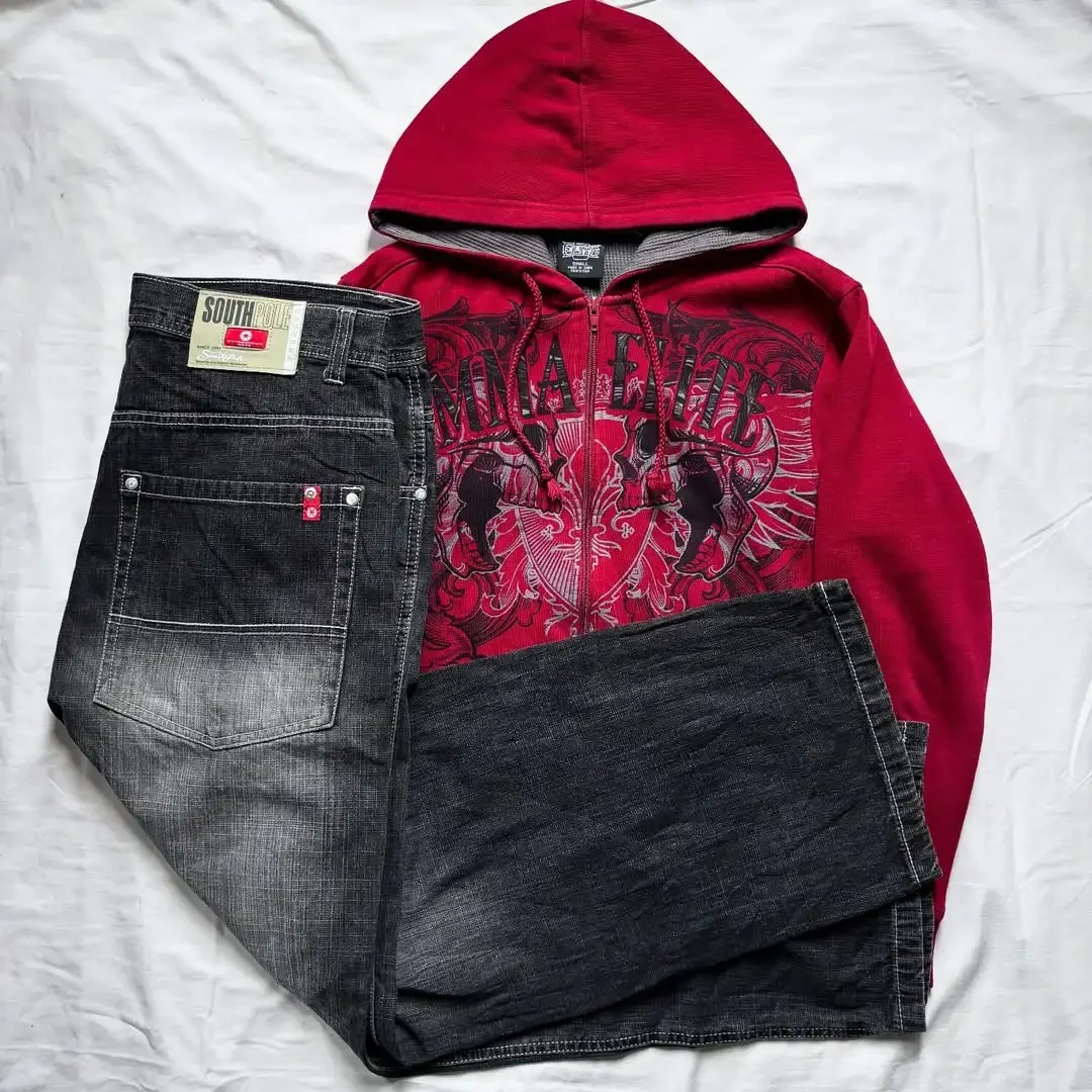 

Модная женская одежда 2000-х годов, готическая футболка, костюм в стиле хип-хоп, толстовка с капюшоном на молнии, повседневные винтажные мешковатые джинсы на шнурке