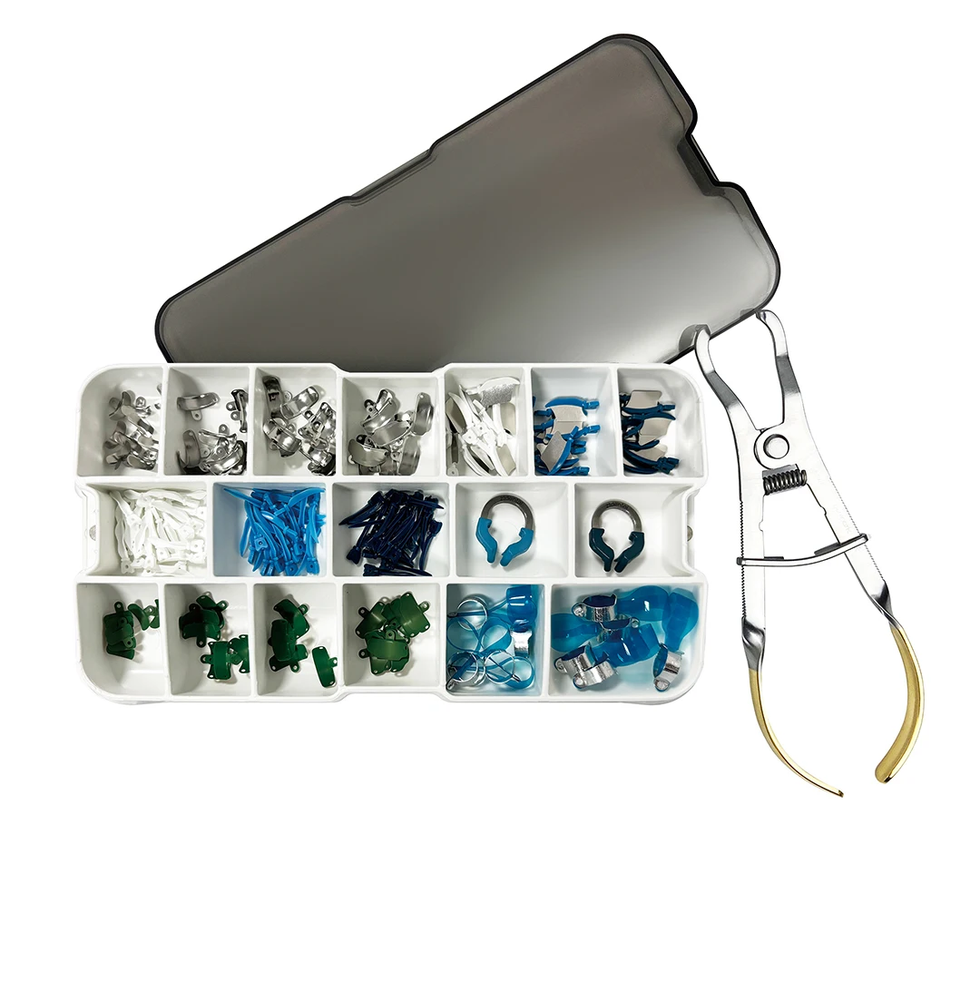 

Стоматологическая секционная матричная система C3: набор с бандажами, зажимными кольцами, клиньями, защитными элементами и щипцами для быстрой реставрации зубов (Класс II)