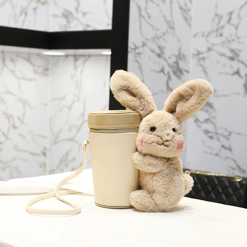 Kawaii Bunny Bottle Design Shoulder Bag for Women Fashion Purses and Handbags Female Faux Fur Small Crossbody Bag Cute Clutch