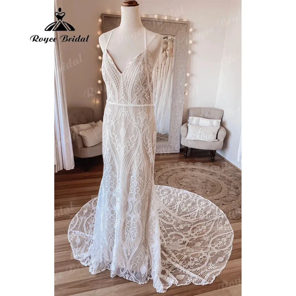 

Vintage Boho Full Lace Backless Mermaid Wedding Dress with V Neck 2025 Vestido Novia Wedding Gowns for Bride Off the Shoulder