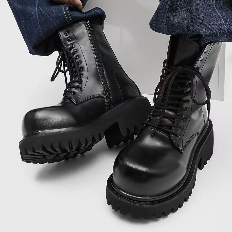 

Мужские функциональные кожаные ботинки с высокой толстой подошвой, увеличивающие рост 10 см, черные нишевые уличные рабочие ботинки со шнуровкой среднего кроя