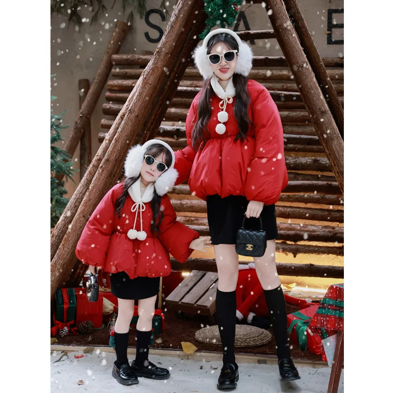 Family Matching Christmas New Year Mother and Daughter Cotton Coat Mid-Length Korean Style Puffy Cotton Coat with Faux Mink Fur