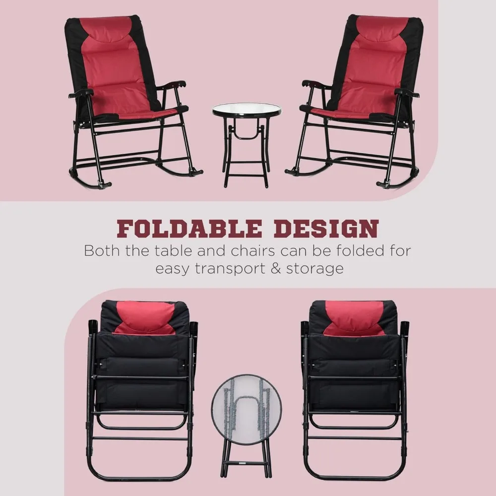 طقم أثاث فناء خارجي بيسترو مكون من 3 قطع مع طاولة قهوة زجاجية وكرسيين هزاز مبطن قابلين للطي لاستخدام الشرفة