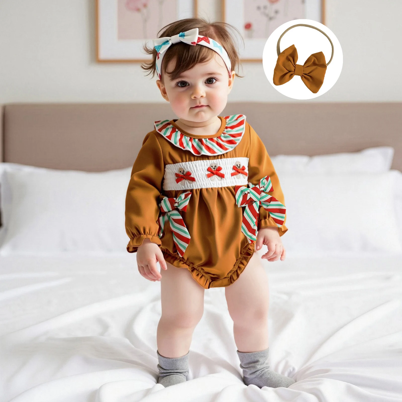 

Baby Girl Christmas Romper Long Sleeve Ruffled Round Neck Gingerbread Man Embroidery Jumpsuit with Bow Headband