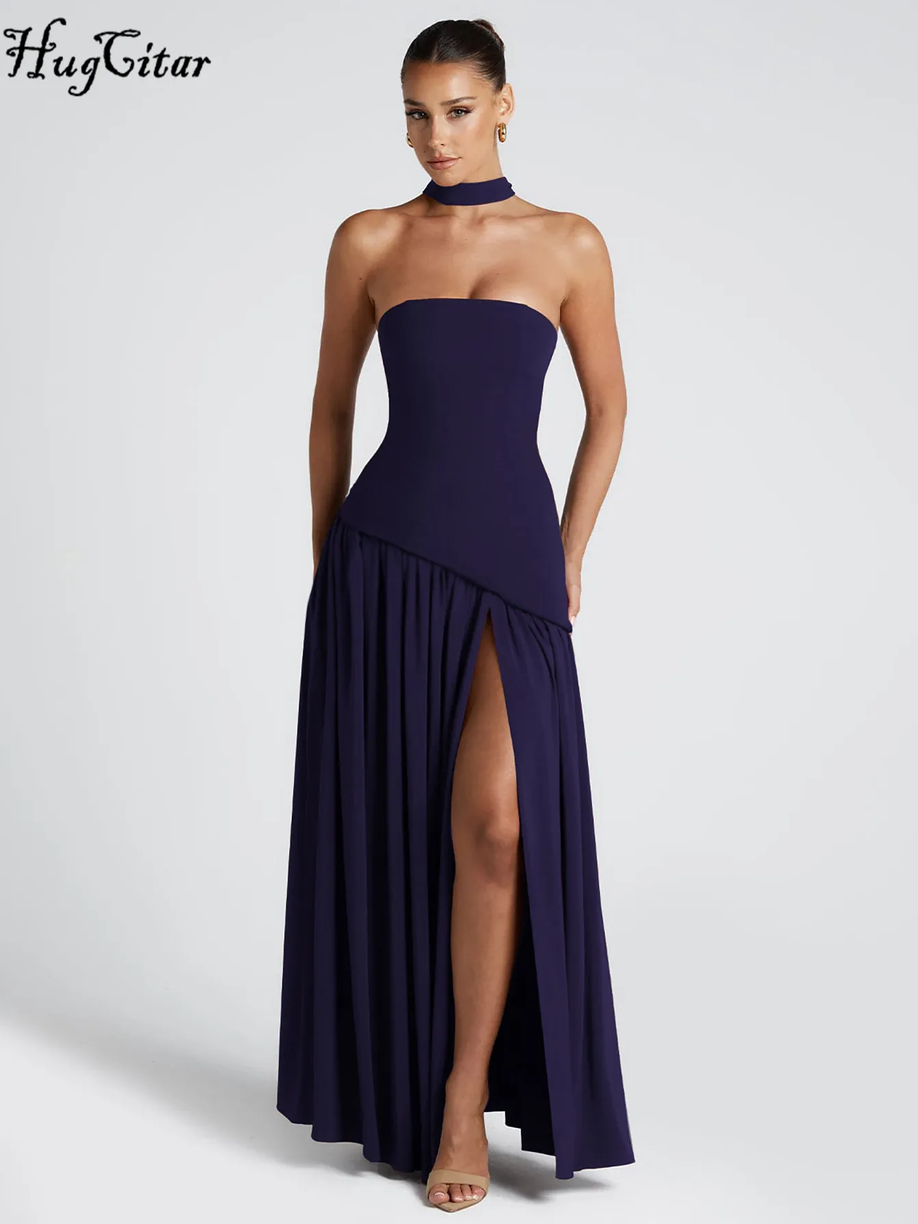 Hugcitar elegante sólido sem alças fita sem costas sexy fenda plissado maxi vestido de baile feminino novas roupas festa à noite festival