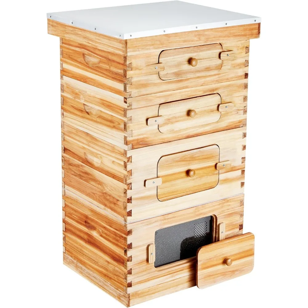 10 Frame Bee Hive, Beeswax Coated Fir Wood, Bee Hives Starter Kit,2 Deep + 2 Medium Bee Boxes Langstroth Beehive Kit