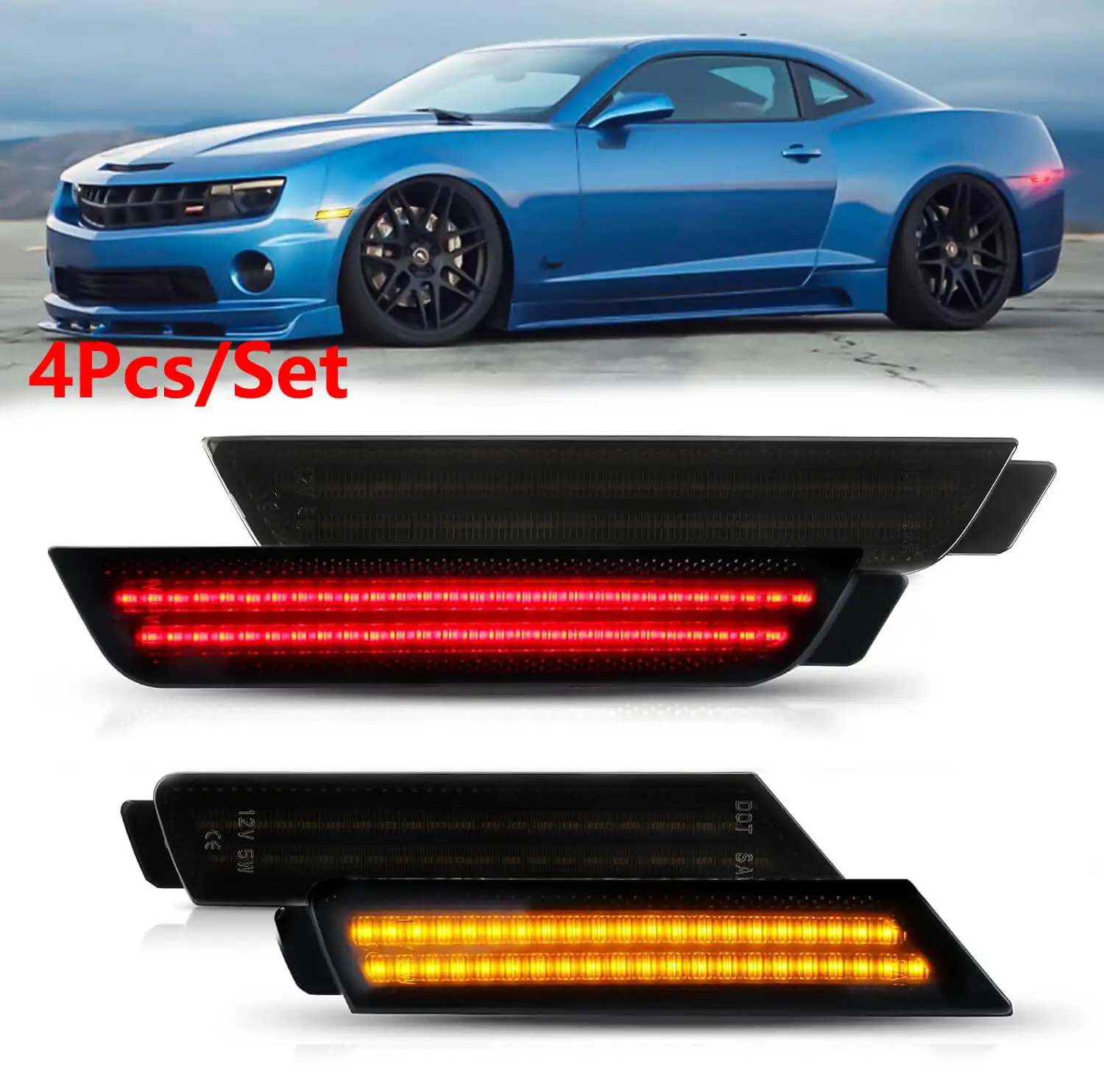 

4x Smoked Lens LED Side Marker Light Kit for Chevy 2010 2011 2012 2013 2014 2015 Camaro For Chevrolet Front/Rear Lamps Red/Amber