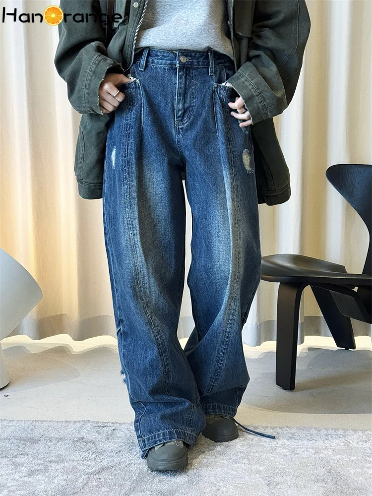 

HanOrange 2026 Spring Retro Pocket Cut Patchwork Ripped Denim Pants Women Loose Distressed Long Jeans Blue