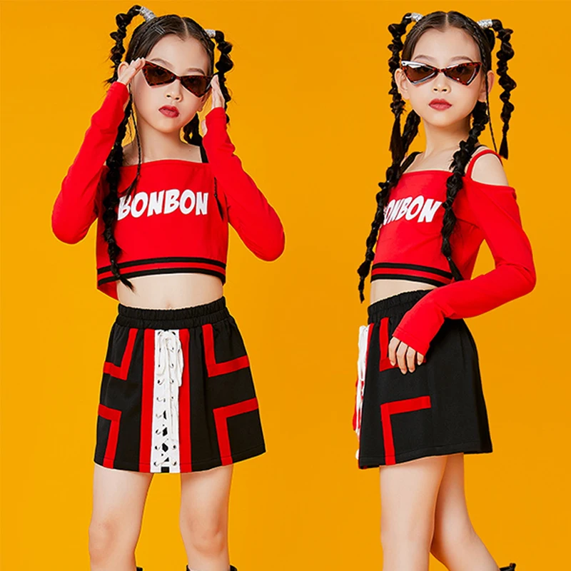 

Hip Hop Dancewear For Girls Off-Shoulder Tops Skirt Modern Jazz Dancing Clothes Kpop Outfit Children Festival Clothing DL10071