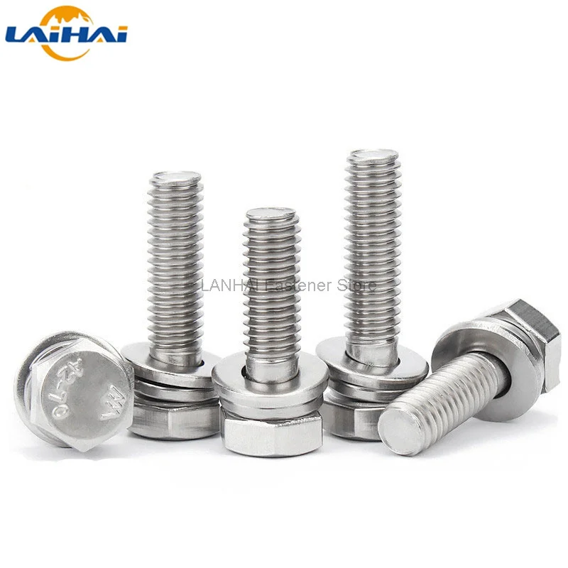 

1/10pcs M4 M5 M6 M8 M10 M12 304 Stainless Steel External Hex Hexagon Head SEM Screw Flat Washer Spring Gasket Assemble Bolt