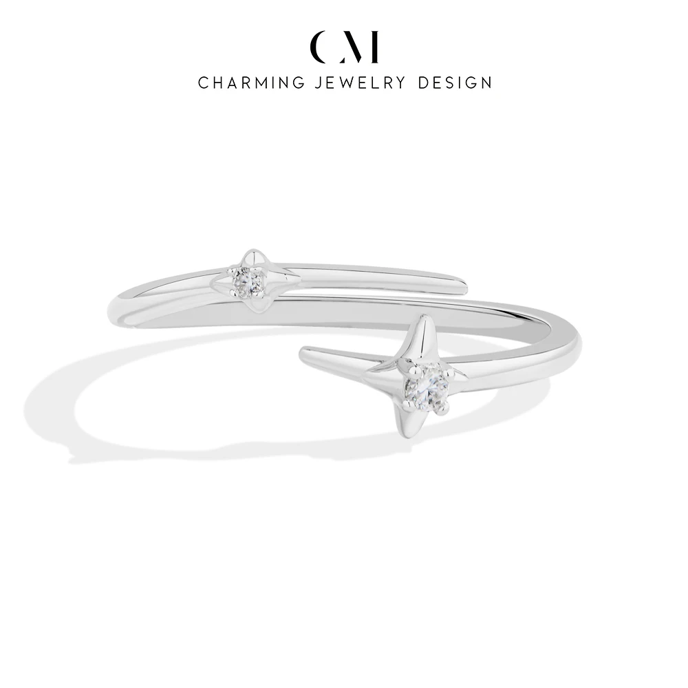 CHARMING Casual Lucky Stars Dvvs1 Moissanite Open band Ring S925 Silver for Women party Fine Jewelry  Birthday Gifts Anniversary