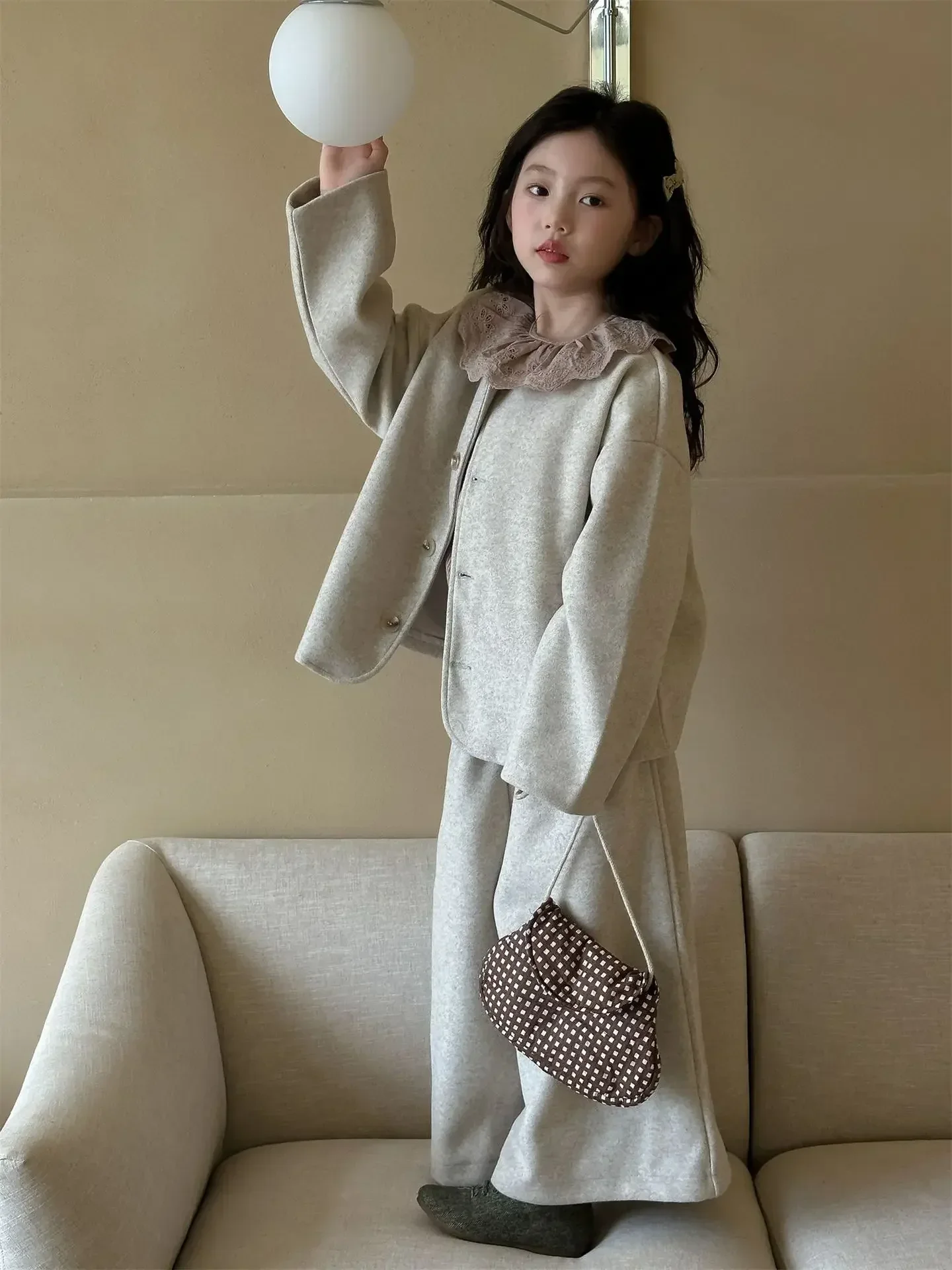 Childrens Sets Girl Korean Childrens Clothing Woolen Suit 2024 New Product Two Piece Set Autumn Winter Collar Loose