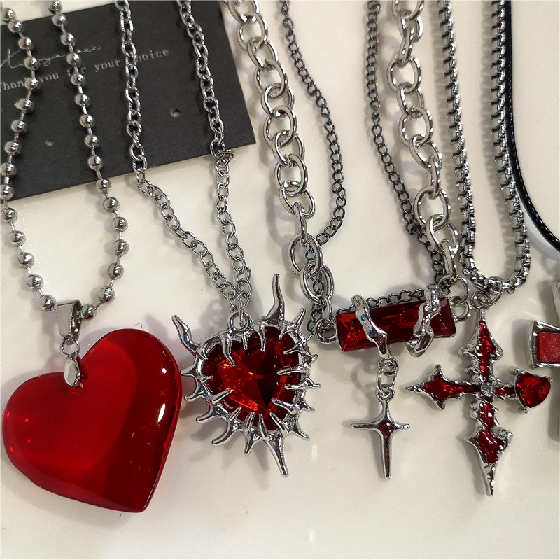 Gothic Red Heart Thorns Cross Chains Necklace For Women Men Hip-Hop Personality Trendy Charm Grunge Punk Jewelry Y2k Accessories