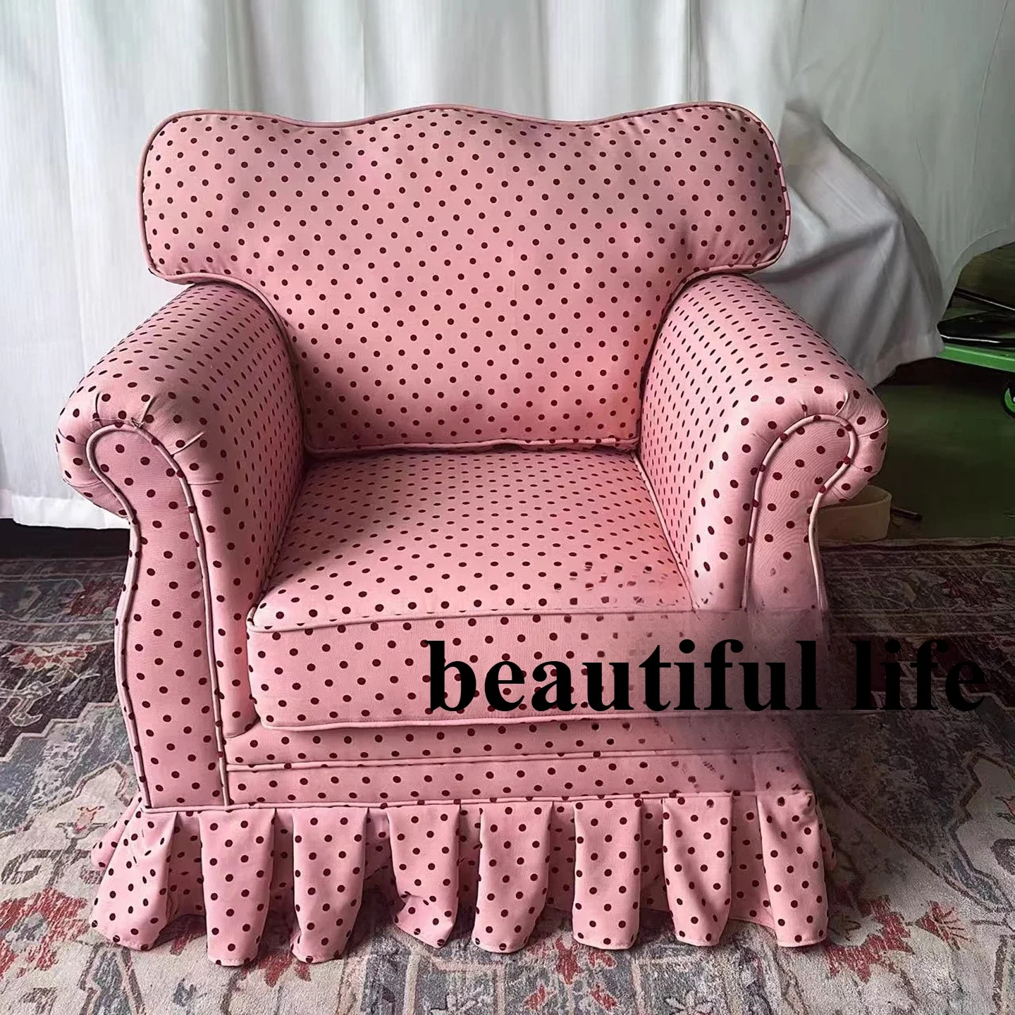 A44 French retro pink polka dot single sofa chair American pastoral living room fabric casual and comfortable