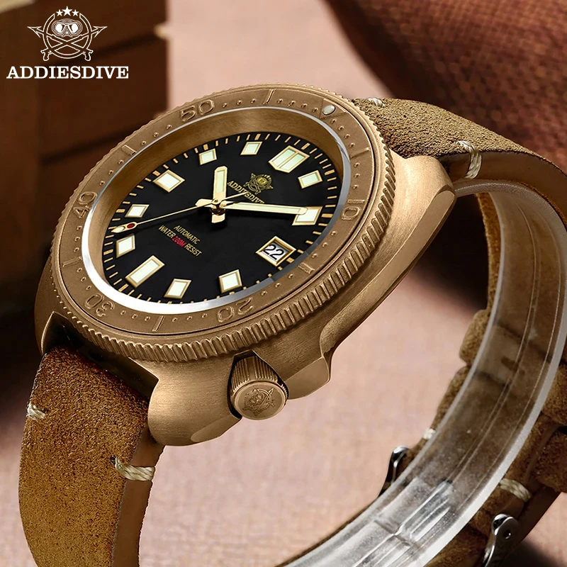 

ADDIESDIVE Men Automatic Wristwatch NH35A Calendar CUSN8 Bronze Sapphire Glass Luminous 20Bar Waterproof Watch