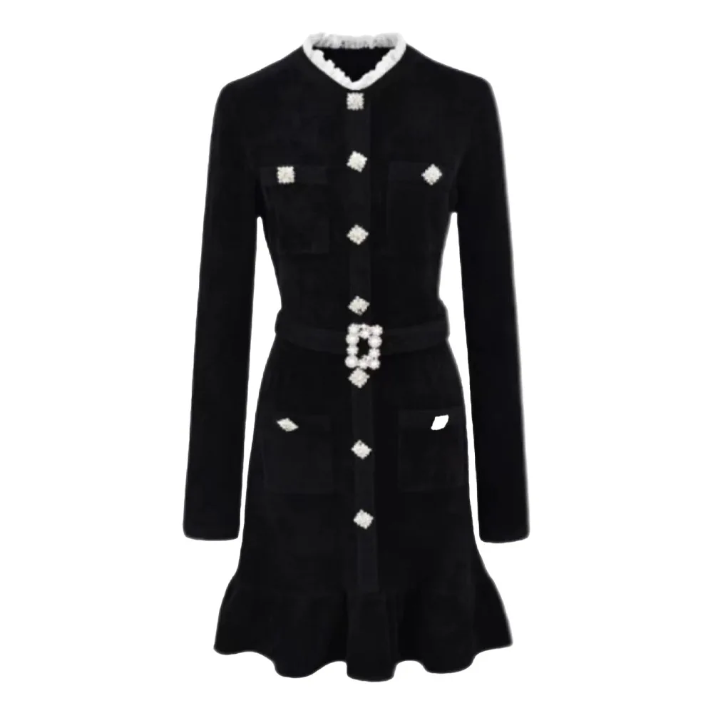 Women's black velvet elegant dress slim fit long sleeved round neck Woman clothing evening party dress