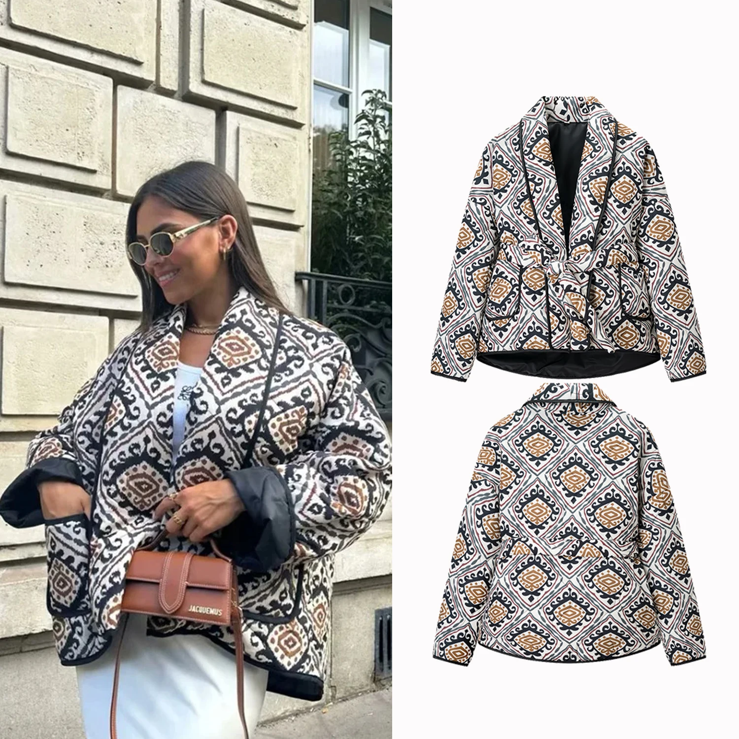 

Autumn Winter Women's Parkas Jacket Womens Printed Kimono Style Coat Fashion Loose Warm With Belt Jackets Streetwear