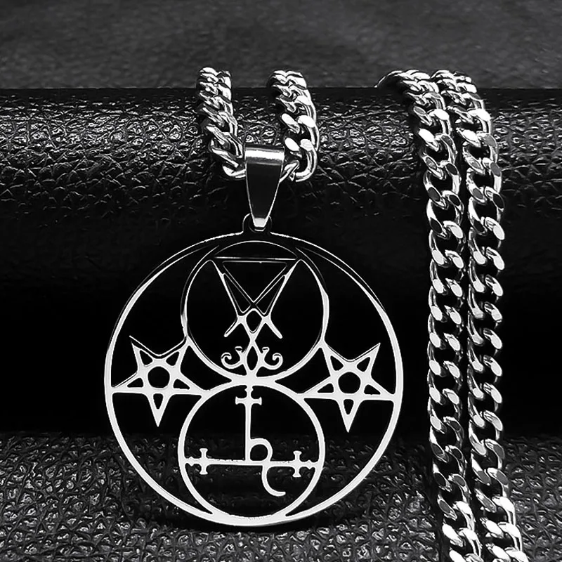 Siegel von Luzifer Kirche Satan Lilith Doppelsiegel Halskette Dämon Satan Edelstahl Pentagramm Amulett Halsketten Schmuck N6218 – Detail 4