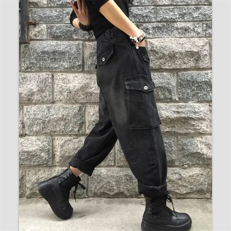 Spring And Autumn Women Clothes New High Waist Loose Large Size Leisure Tooling Big Pocket Jeans  Harlan Sagging Pants Female