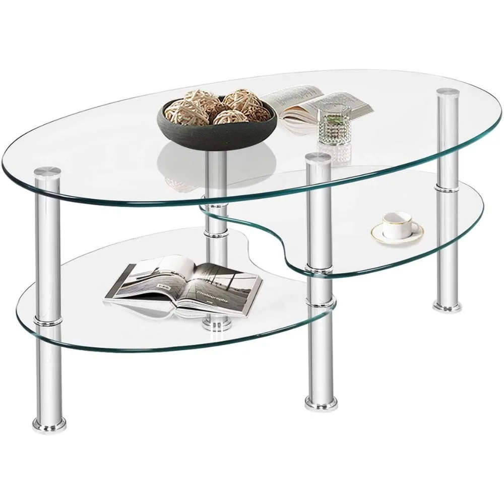 

Tempered Glass Oval Coffee Table, 3-Tier Modern Side Table with Chrome Base and Open Storage Shelf, Home Furniture Decor