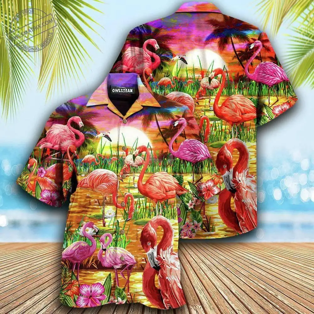 Hot Sale Casual Men's Shirts Sunset Scenery Flamingo Painting Summer Beach Tops Short Sleeve Hawaiian Shirts for Men Vacation