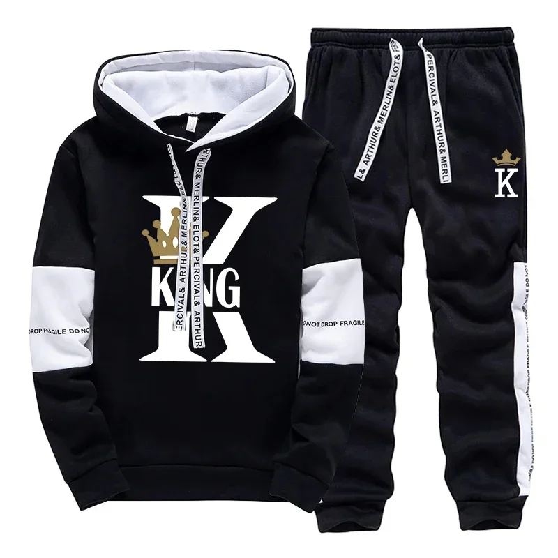 King Queen Printing Mens Womens Tracksuit Hot Sales Casual Hooded Sweatshirts Sweatpants 2 Pcs Set Home Street Couple's Clothing