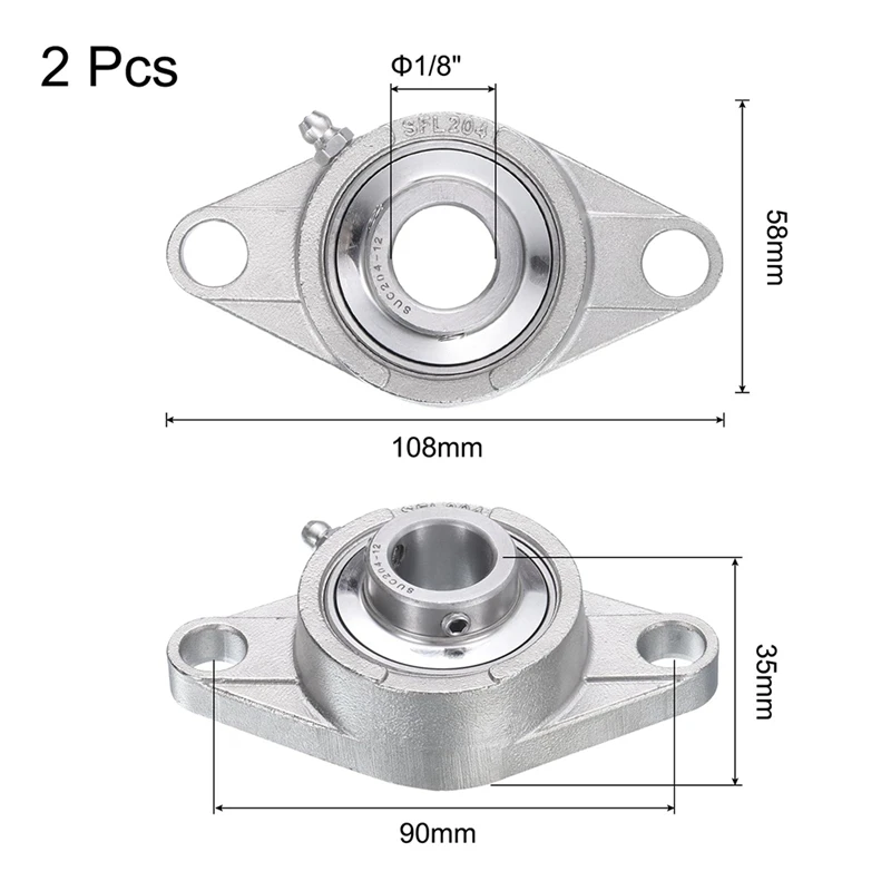 AB47-2 Pcs SUCFL204-12 Pillow Block Bearings 3/4 Inch Bore Self Alignment, Solid Cast Iron Base Mounted Chrome Steel Bearings
