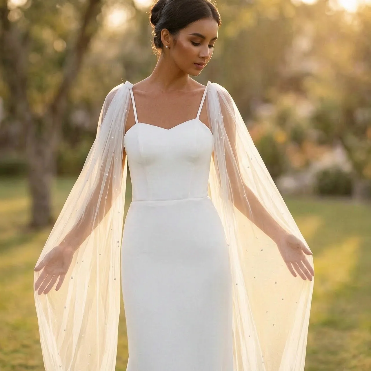 Elegant Pearl Embellished Tulle Bridal Cape with Detachable Clips Long Sleeveless Wedding Shawl for Formal Dress Prom Party GP04