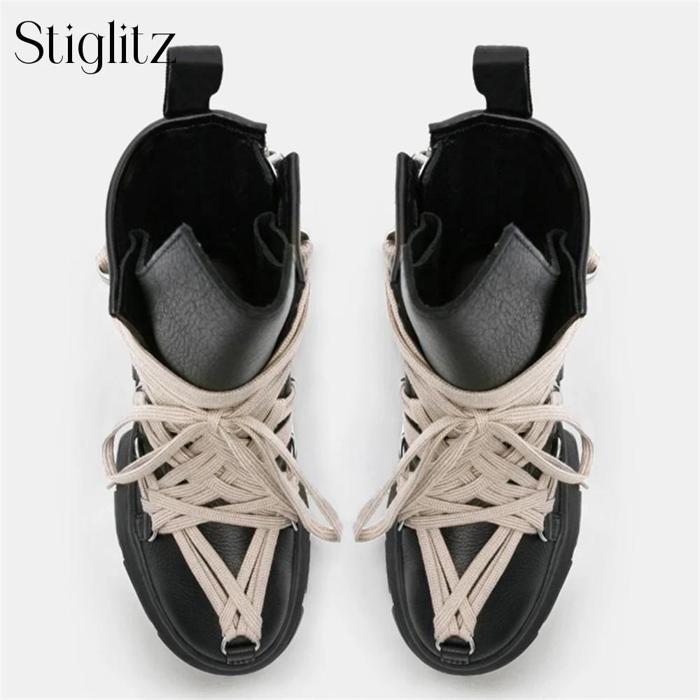 Cross Strap Ankle Boots Black Leather Fashion Style Motorcycle Boots Platform Heightening Punk Zipper Lace up Booties for Men