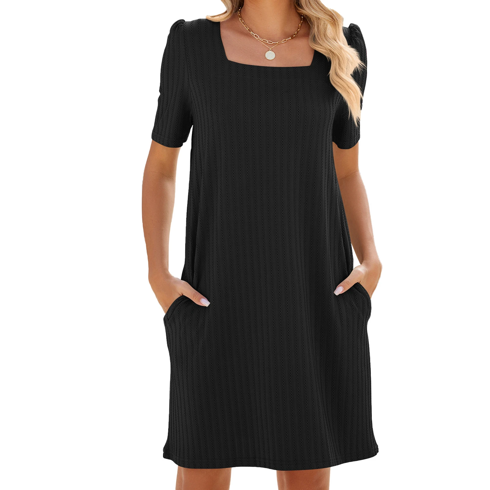 Women's Summer Loose Dress Solid Color Square Neck Short Sleeve Knee Length Dress with Pockets