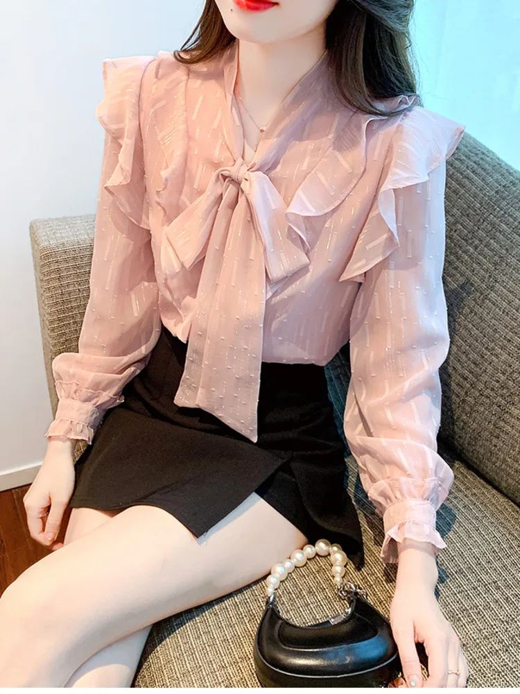 #3236 Spring Pink Chiffon Shirts Blouse Thin Sexy Bow Collar France Style Vintage Office Blouse Femme Slim Fit Spliced Ruffles