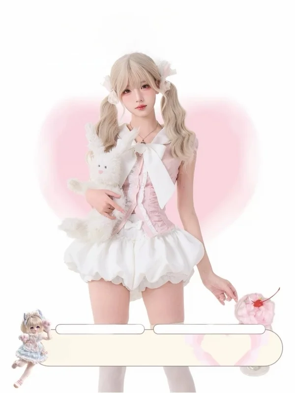 

Sweet Soft Girl Anti-Aging Bubble Sleeve Knot Lace Trim Pink Top White Bud Shorts Two-Piece Set Summer Fashion Wome...