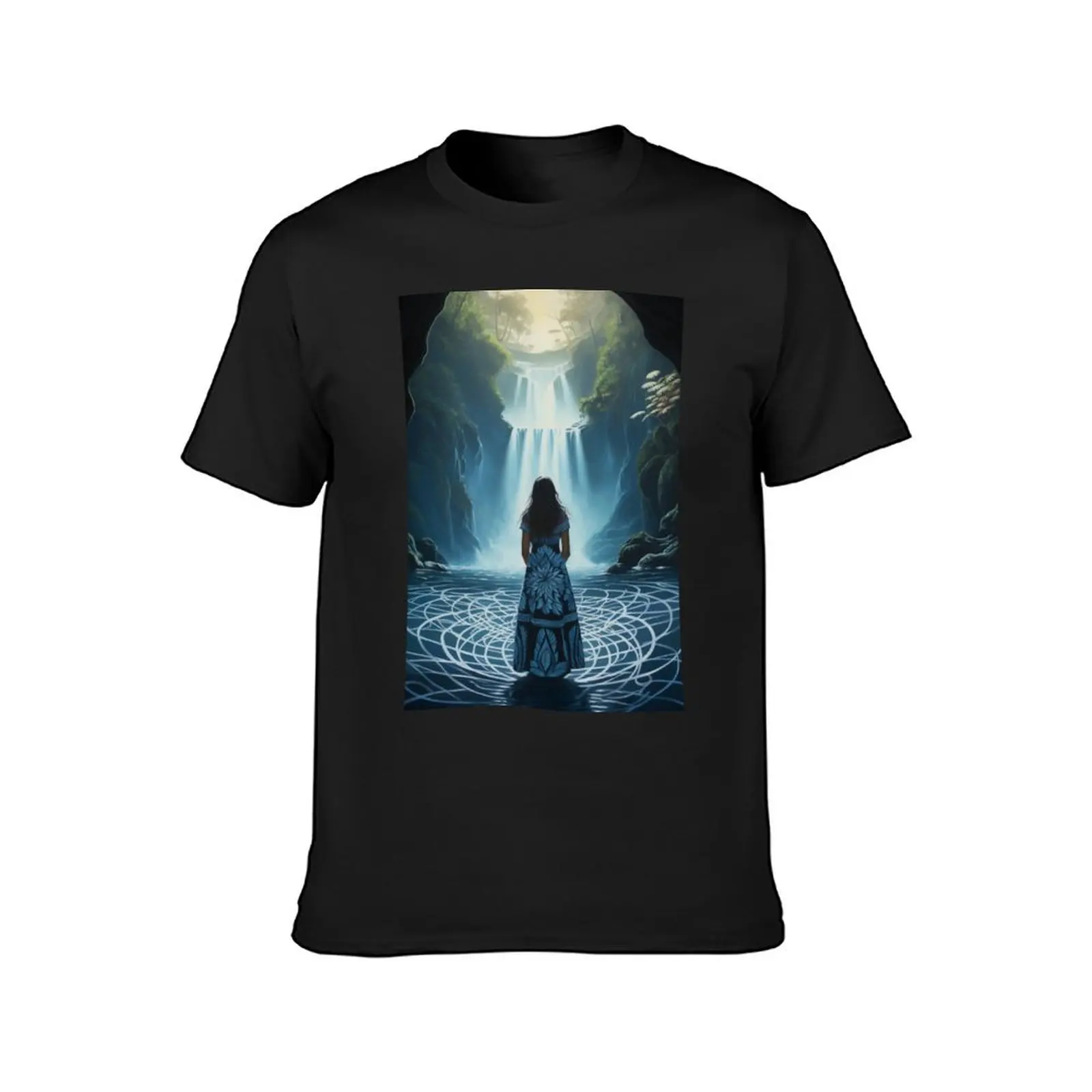 Woman standing on mandala in front of a waterfall. T-Shirt customs boys animal print new edition men graphic t shirts